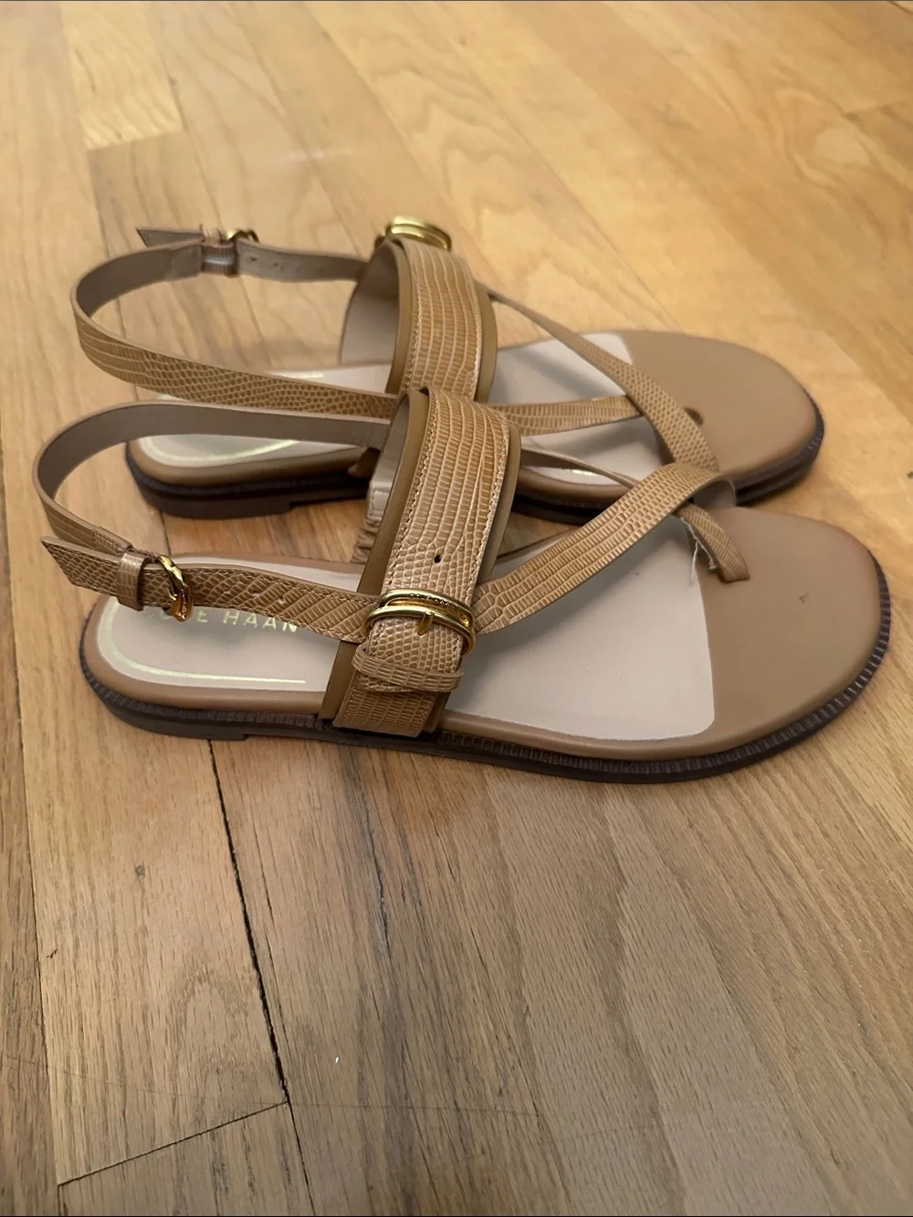 Cole Haan Tan Lizard-Texture Slingback Sandals with Gold Buckles
